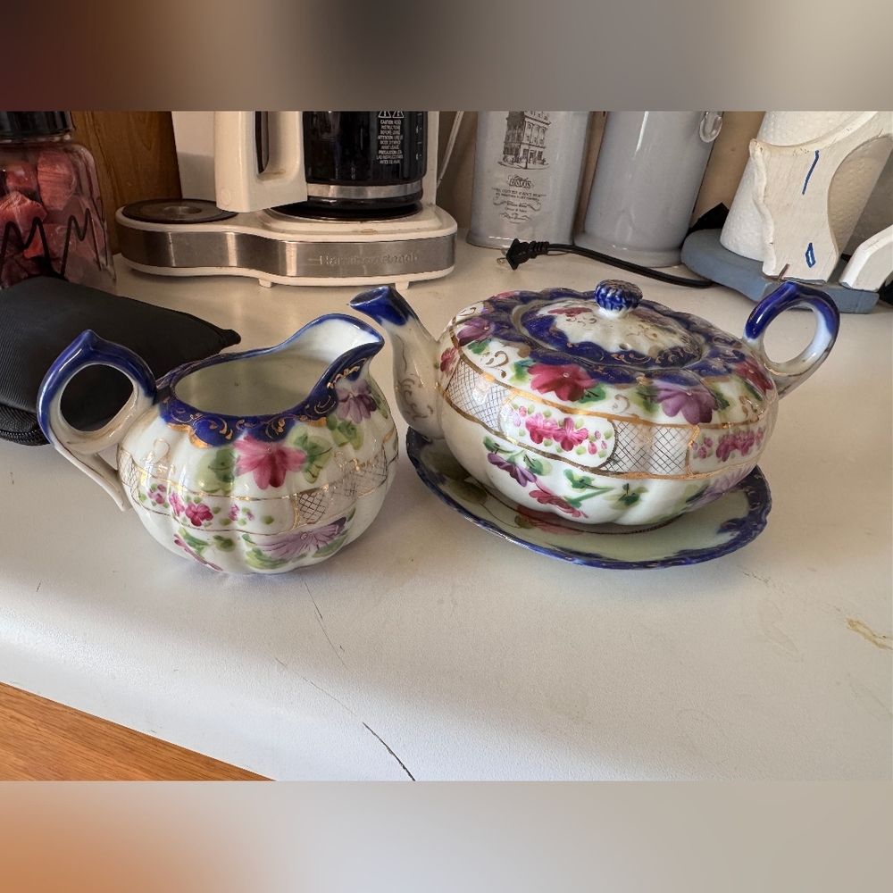 Floral Teapot and Creamer Set with Blue Accents